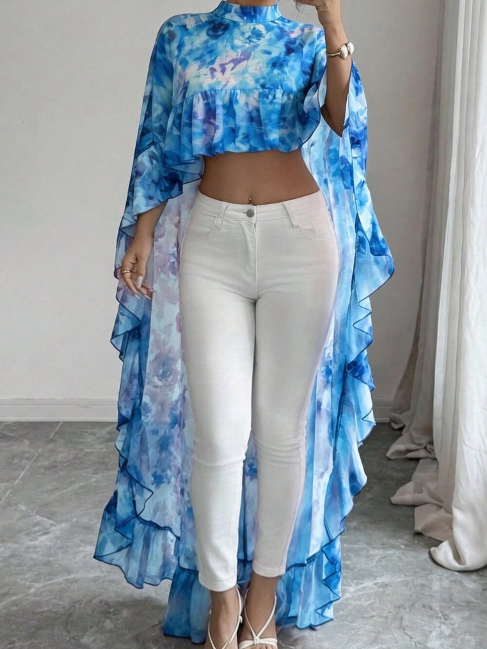 Blue Women's darin Collar Chiffon Floral Ruffle Trim hi-low Elegant Blouse top - Picture 5 of 6